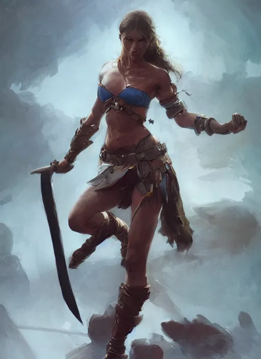 Prompt: hyper realistic warrior girl with sword in her hand, full body, rule of thirds, human proportion, good anatomy, beautiful face, conceptart, saturated colors, cinematic, vallejo, frazetta, greg rutkowski, trending on artstation