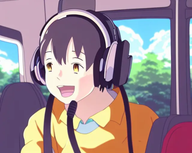 Image similar to anime fine details portrait of joyful girl in headphones in school bus, bokeh. anime masterpiece by Studio Ghibli. 8k render, sharp high quality anime illustration in style of Ghibli, artstation