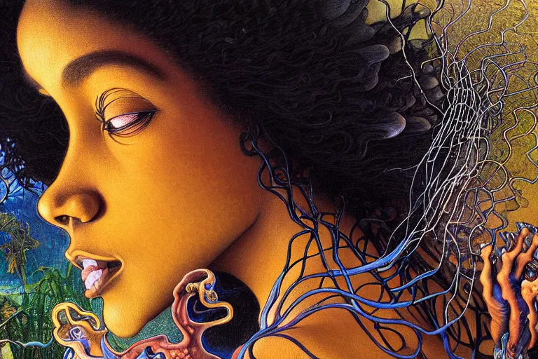 Prompt: realistic extremely detailed closeup portrait painting of a beautiful black woman, mutant dragon and a single old house on background by Jean Delville, Amano, Yves Tanguy, Alphonse Mucha, Ernst Haeckel, Edward Robert Hughes, Roger Dean, rich moody colours