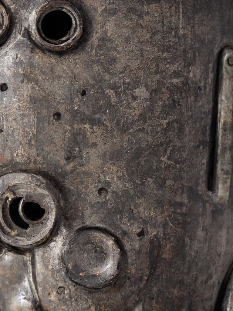 Prompt: closeup of a cyberpunk rustic robot head, sigma 55mm f/8