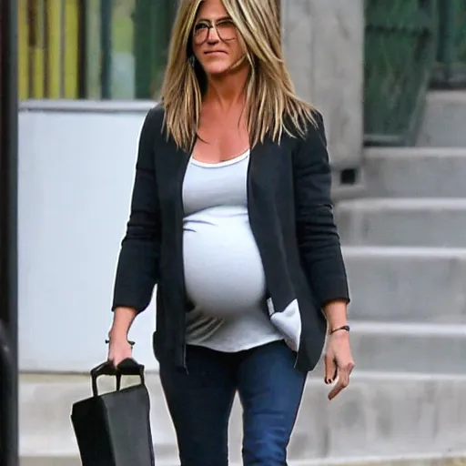 Prompt: Pregnant Jennifer Aniston walking down the street, paparazzi photograph