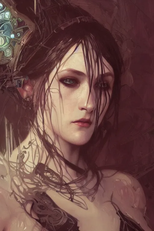 Prompt: Portrait of beautiful pale cyberpunk gothic maiden, master drawing, intricate, elegant, highly detailed, digital painting, artstation, concept art, smooth, sharp focus, illustration, art alphonse mucha and james gurney and craig mullins and wlop