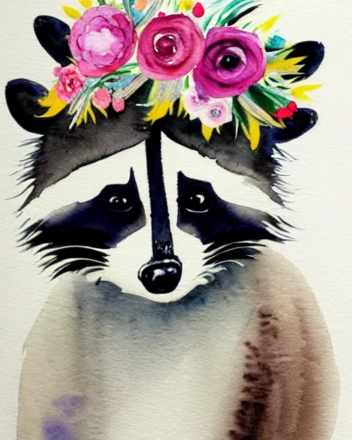 Image similar to a painting of a raccoon wearing a flower crown, a watercolor painting by annabel kidston, a storybook illustration, trending on pinterest, rococo, muted colors, soft, smooth, made of flowers, watercolor, whimsical, white paper, minimalist, simple