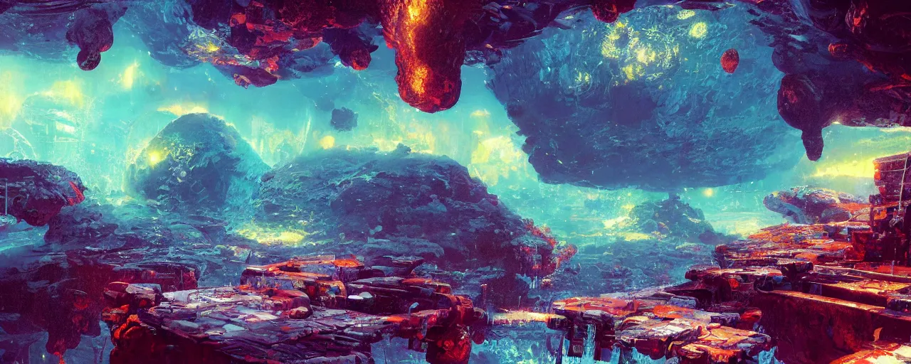 Prompt: ” asteroid with massive pools of water, [ cinematic, detailed, epic, widescreen, opening, establishing, mattepainting, photorealistic, realistic textures, octane render, art by paul lehr ] ”