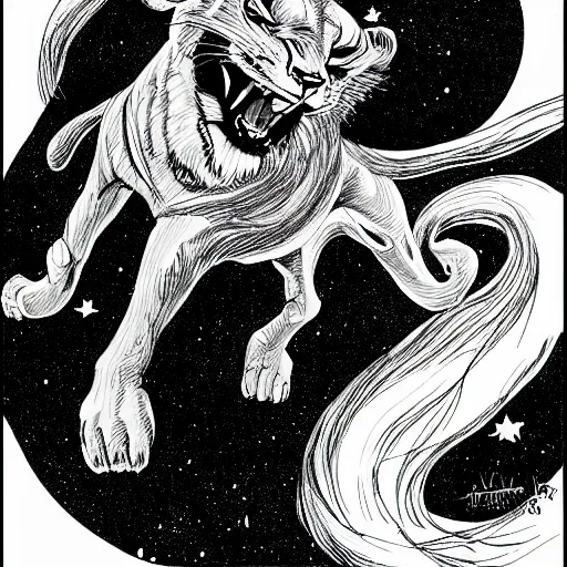 Prompt: angelic lioness flying in outer space, black and white ink on paper, thick outlines, 8k high quality detailed art, trending on art station, manga art, by Eiichiro Oda