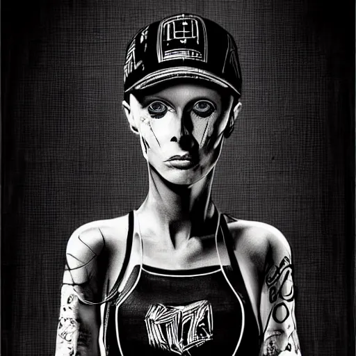 Image similar to die antwoord chappie portrait, back and white, zef design graffiti in the background, dark lighting, freaky, digital art