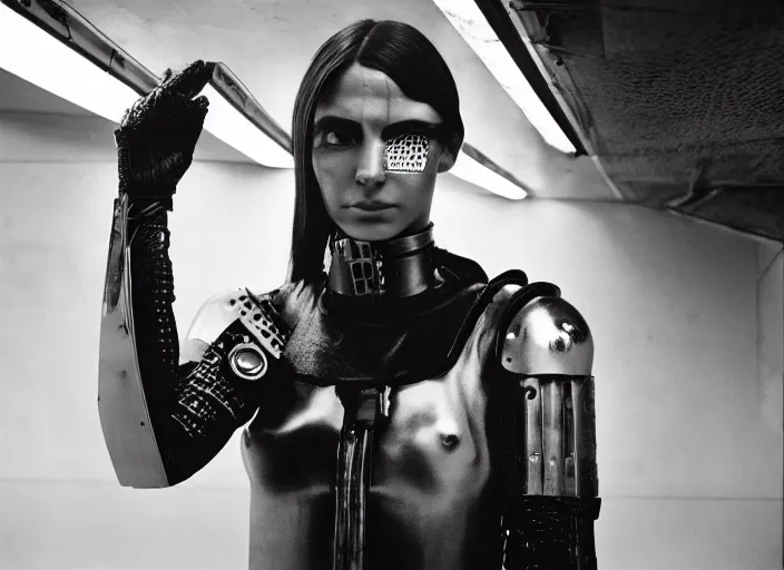 Prompt: close - up portrait of cyberpunk cyborg girl with face armour, in a futuristic subway, richard avedon, tri - x pan