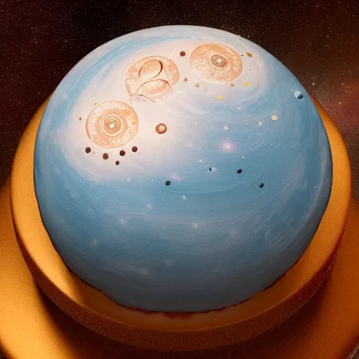 Image similar to Realistic cake with planets and stars on it, behance, artstation, unreal render, unreal engine 5, octane, intricate, 100mm, photorealistic, hyper realism, high detail, smooth, sharp focus, bokeh, 8k, movie shot, cinematic perspective, studio shot