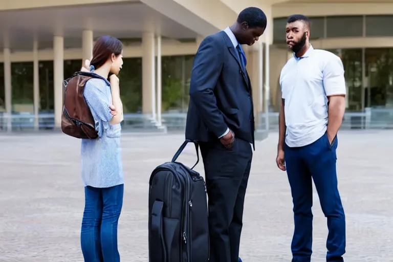 Image similar to tall, broad shouldered, security guard checks the bags of a worried looking couple, man and woman