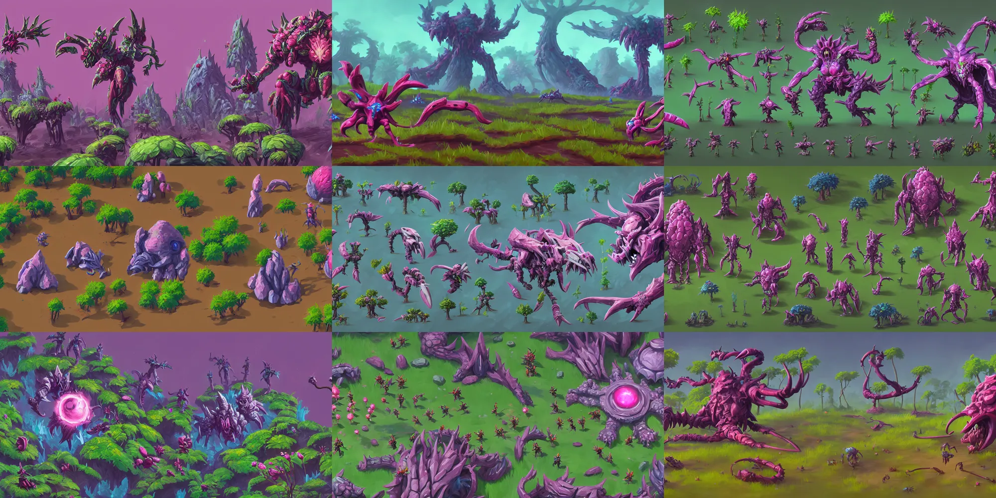 Prompt: game asset of zerg corrupted plants and trees, in gouache detailed paintings, props, stylized, 2 d sprites, kitbash, arcane, overwatch, blue and pink color scheme, 8 k, close up