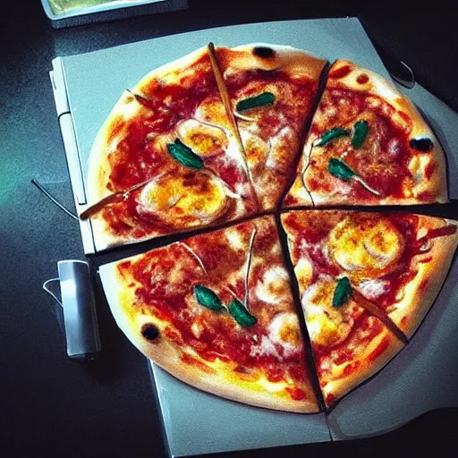 Image similar to “concept art, artstation, 8k, hyper realism, beautiful, cat eating pizza”