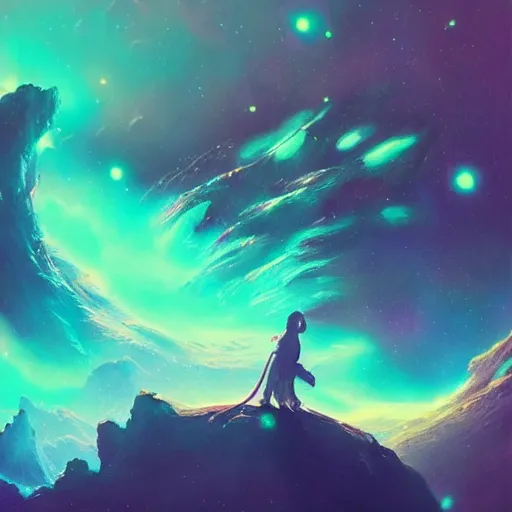 Image similar to “A beautiful ultradetailed painting of the galaxy, nebula in universe, chinese dragons fighting, scales made of jade, light effect, very detailed, by beeple, Makoto Shinkai, 4k, Trending on artstation, ultrawide lens”