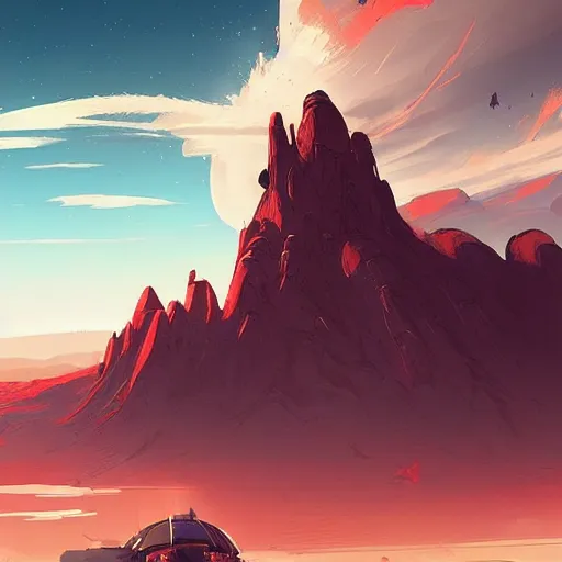 Prompt: a spaceship crashed into a foreign planet, wasteland. The spaceship is buried in the ground. red sky with beautiful white clouds. in the style of digital art, artstation trending, rossdraws, breath of the wild