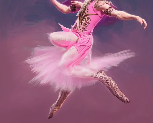 Image similar to photography of jack black dancing in a pink ballerina outfit, full body shot, deep focus, d & d and mtg, fantasy, intricate, elegant, highly detailed, digital painting, artstation, concept art, matte, sharp focus, illustration, hearthstone, art by artgerm and greg rutkowski and alphonse mucha