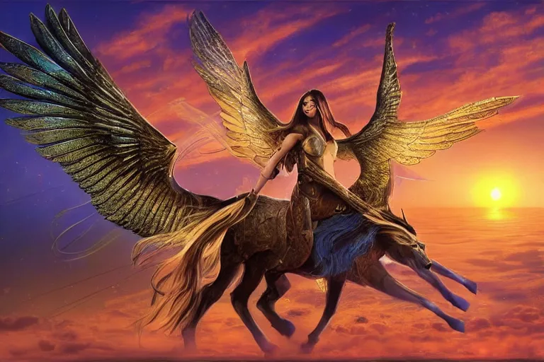 Image similar to wide - shot | dslr | madison beer | as a valkyrie warrior | giant winged horse | detailed face | rain | raytracing!!! | arrows | sunset | smoke | ethereal | golden hour | by victor nizovtsev, john blanche, werner herzog | fantasy | highly detailed | north mythology | realism | film | cinematic 4 k | upscaled!!!