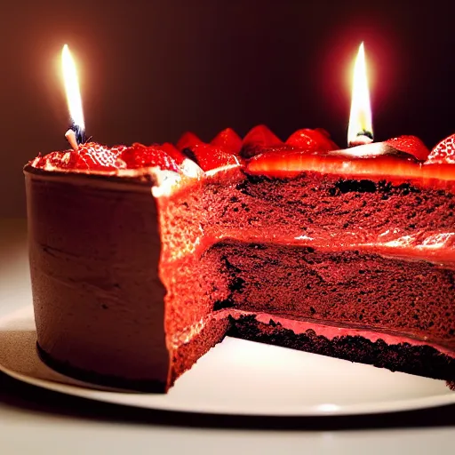 Image similar to a photograph of a cross section cut strawberry chocolate cake at night, candles illuminating the scene, photo realistic, hyperrealism