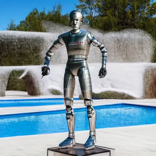 Image similar to a realistic detailed photo of a guy who is an attractive humanoid who is half robot and half humanoid, who is a male android, soccer player martin ødegaard, shiny skin, posing like a statue, blank stare, by the pool, on display, showing off his muscles, humanoid robot, frozen ice statue