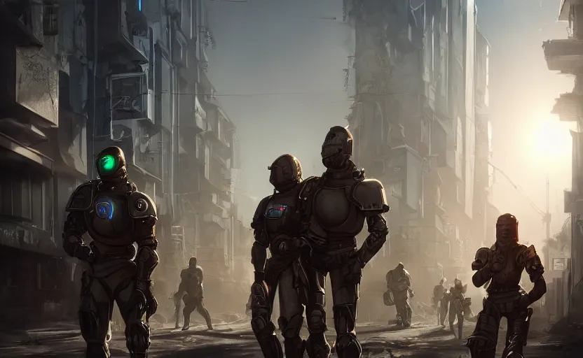 Prompt: photorealistic cyborg knights exploring post - apocalyptic futuristic city streets. daylight. sunlight. lens flare. light fixtures. 8 k. detailed. photorealism. artstation. 2 5 mm f 1. 7 a