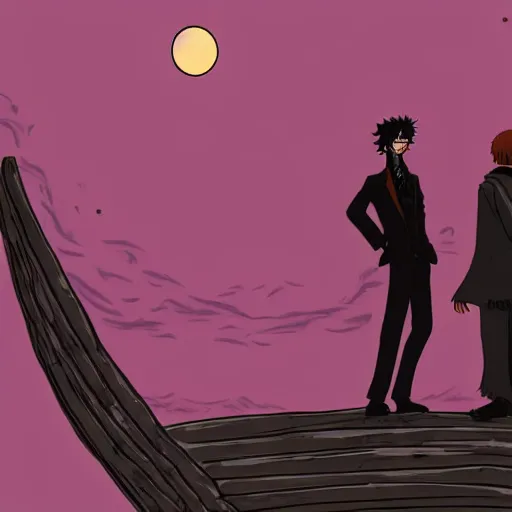 Prompt: two young men, one man human, one man vampire, night, on a birdge, in the style of one piece