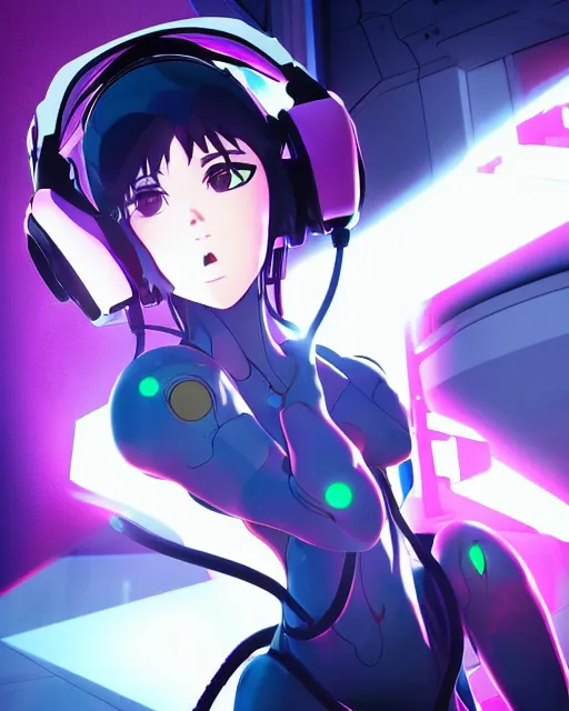 Image similar to rei from neon genesis evangelion, wearing a cybernetic headset, eyes closed, cyberpunk background, dramatic lighting, octane, 8 k