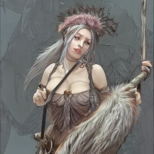 Image similar to detailed 2 d fantasy picture a woman with gray hear, using dead lion costume jacket, and holding long stick in the style of artgerm and greg rutkowski and alphonse mucha