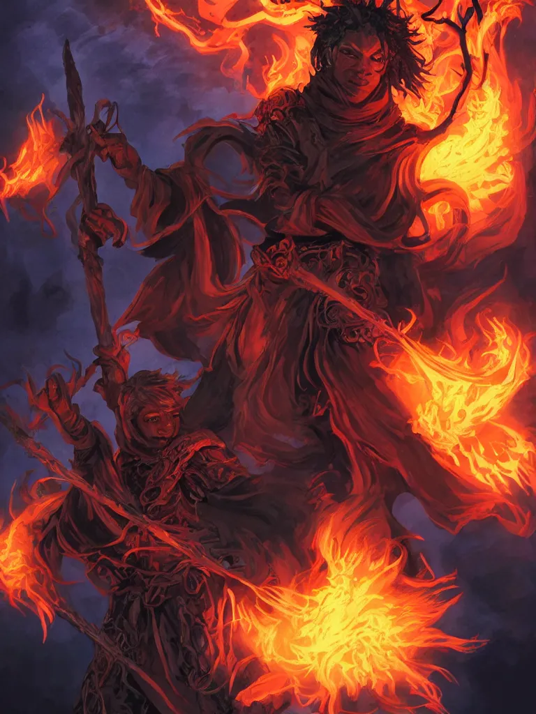Prompt: dungeons and dragons official art of male fire genasi wizard with pitch black skin, flaming hair, glowing orange eyes, wearing black wizard robes, smug smile, holding a wooden staff, official print, book cover art