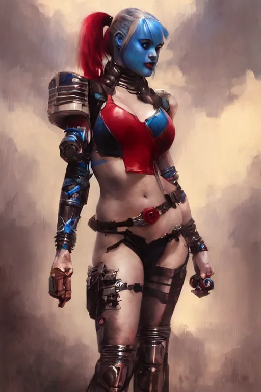 Prompt: Harley Quinn in bikini armor, dc comics, cyberpunk, Warhammer 40000, digital art from artstation by Ruan Jia and Mandy Jurgens and Artgerm and william-adolphe bouguereau