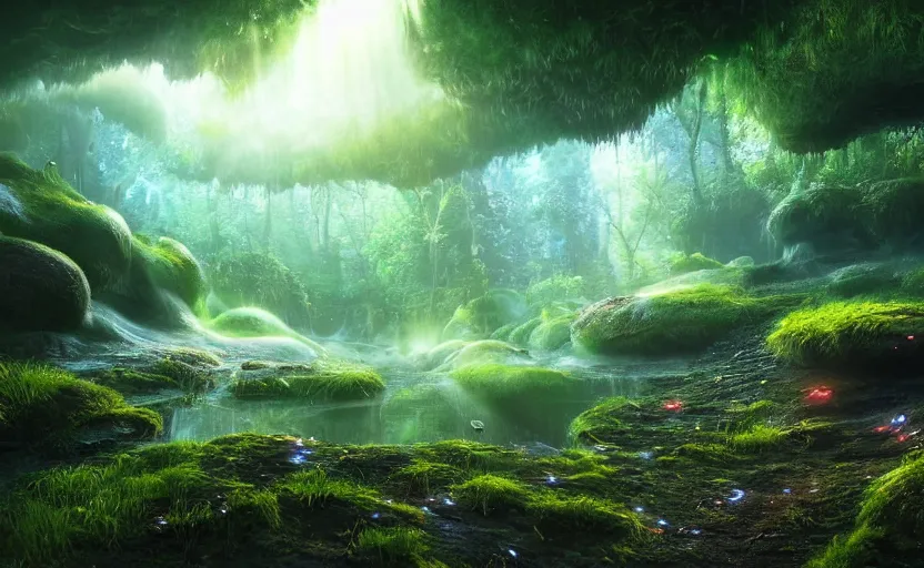 Image similar to a beautiful and stunning professional digital artwork of a glowing mushroom cave, haze, spores floating in the air, waterfall, volumetric lighting, hyperrealistic, rtx on, ultra detail