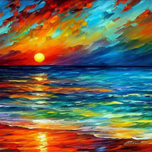Image similar to rising sun on the caribbean bay, by leonid afremov and moebius
