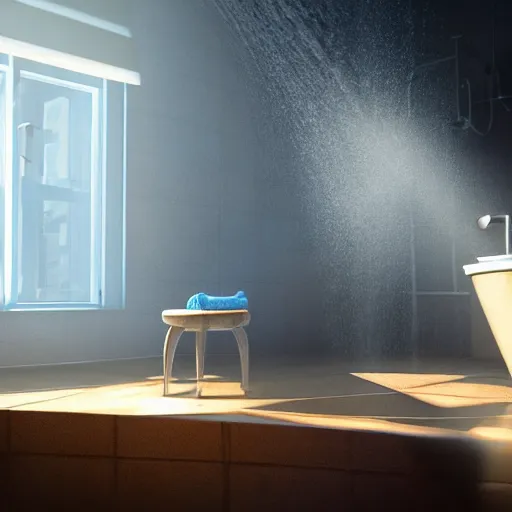 Prompt: pixar, having a cold, bracing shower on a sunny morning, studio lighting, professional photography,