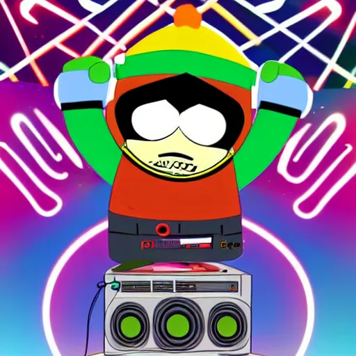 Image similar to svg sticker of a Dancing-Eric-Cartman-Southpark, at a rave, spinning records, giant headphones rocking out, wearing headphones, huge speakers, dancing, rave, DJ, spinning records, digital art, amazing composition, rule-of-thirds, award-winning, trending on artstation, featured on deviantart