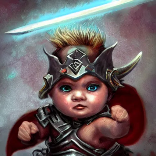 Prompt: a baby warrior holding the necro sword, lightning