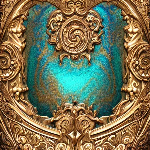 Image similar to Art Nouveau cresting oil slick waves, hyperdetailed bubbles in a shiny iridescent oil slick wave, ornate copper patina medieval ornament, rococo, baroque spirals, octane render