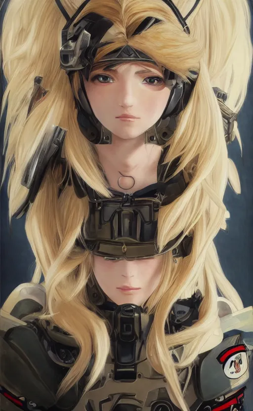 Image similar to portrait mechanized valkyrie, anime style, world war 2, top gun clothing, ace pilot, blonde hair, hair down, symmetrical facial features, from arknights, hyper realistic, 4 k, rule of thirds, extreme detail, detailed drawing, safebooru, hd, d & d, realistic lighting, by alphonse mucha, greg rutkowski, backlit