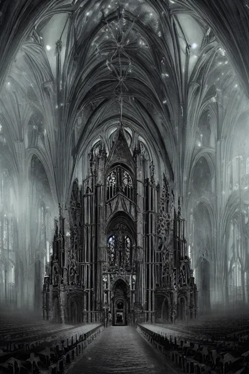 Image similar to a beautiful and terrifying painting with high details of a panoramic view of a gothic church made of white bones, with the white rose and a black - robed skeleton demon in the foreground, poster style, movie atmosphere, movie lights, 8 k, light effect, rtx on, trending on artstation, by kilian eng, lee madgwick, tyler edlin, mucha