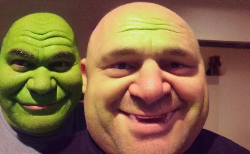 Image similar to my uncle that look like shrek if he was real accidentally taking a selfie, front camera, camera flash is so bright in his face, viral, selfie, viral on twitter, viral on instagram, viral photo