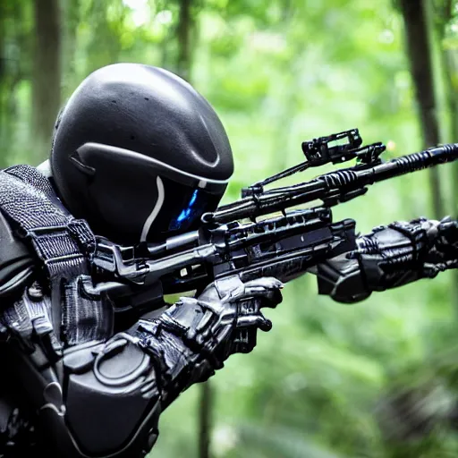 Prompt: close up Crysis Nanosuit shooting at enemies in a devastated burning exploding jungle combat photography 2022, Canon EOS R3, f/1.4, ISO 200, 1/160s, 8K, RAW, unedited, in-frame,