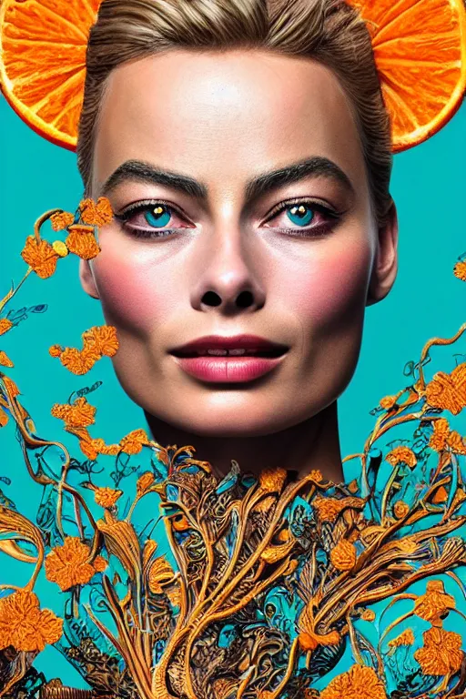 Prompt: cinema 4d colorful render, organic, dark scene, ultra detailed, of a porcelain beautiful margot robbie face. biomechanical, analog, macro lens, hard light, big leaves and large orange Dragonflies, stems, roots, fine foliage lace, turquoise gold details, high fashion haute couture, art nouveau fashion embroidered, intricate details, mesh wire, mandelbrot fractal, anatomical, facial muscles, cable wires, elegant, hyper realistic, in front of dark flower pattern wallpaper, ultra detailed