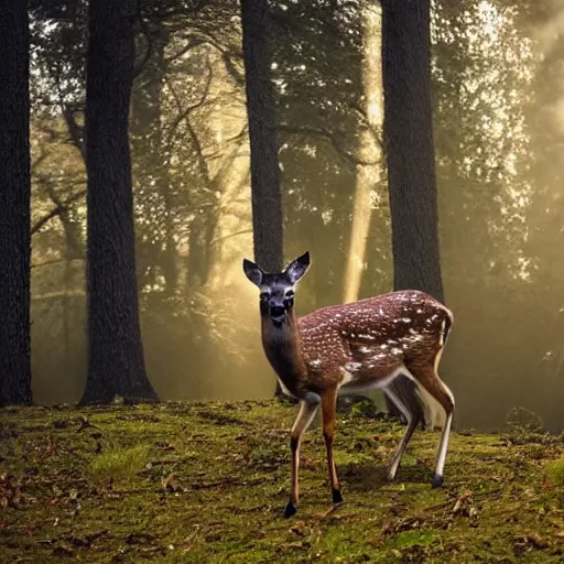 Image similar to a close up of a deer with!!! laser - eyes, background of a landscape misty forest scene, the sun shining through the trees