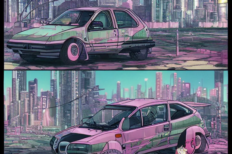 Image similar to 1990 Geo Metro, city in anime cyberpunk style by Hayao Miyazaki