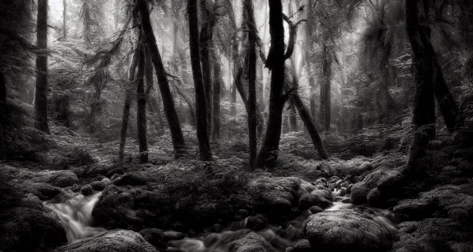 Image similar to deep inside the forest, stream, dramatic lighting, chiaroscuro, moss, ferns, epic, award winning photo by ansel adams, masterpiece, artstation