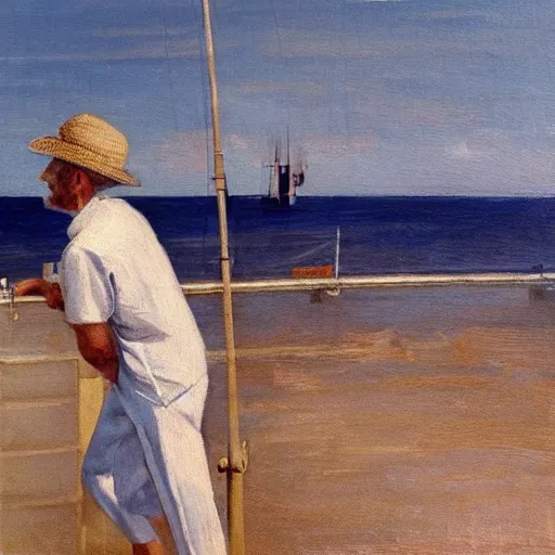 Image similar to old, skinny man with short gray beard, in straw hat, white shirt, swimming through ocean in medium fishing boat with small mast, from a distance, morning, scene from 1 9 5 2, oil painting, realism