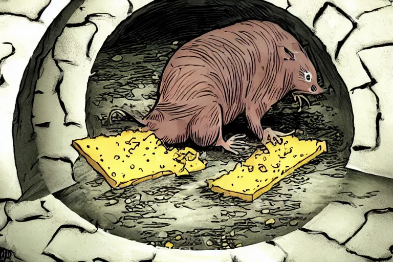 Prompt: a mutant disgusting rat eating cheese in a sewer, photograph, terror, horror, mutant,