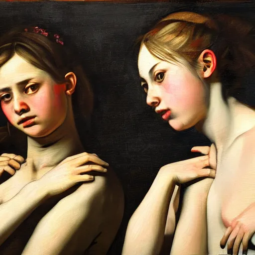 Prompt: two girls holding hands while they are watching the world burn, done in the style of caravaggio, basquiat, akseli gallen kallela, highly detailed, 4 k