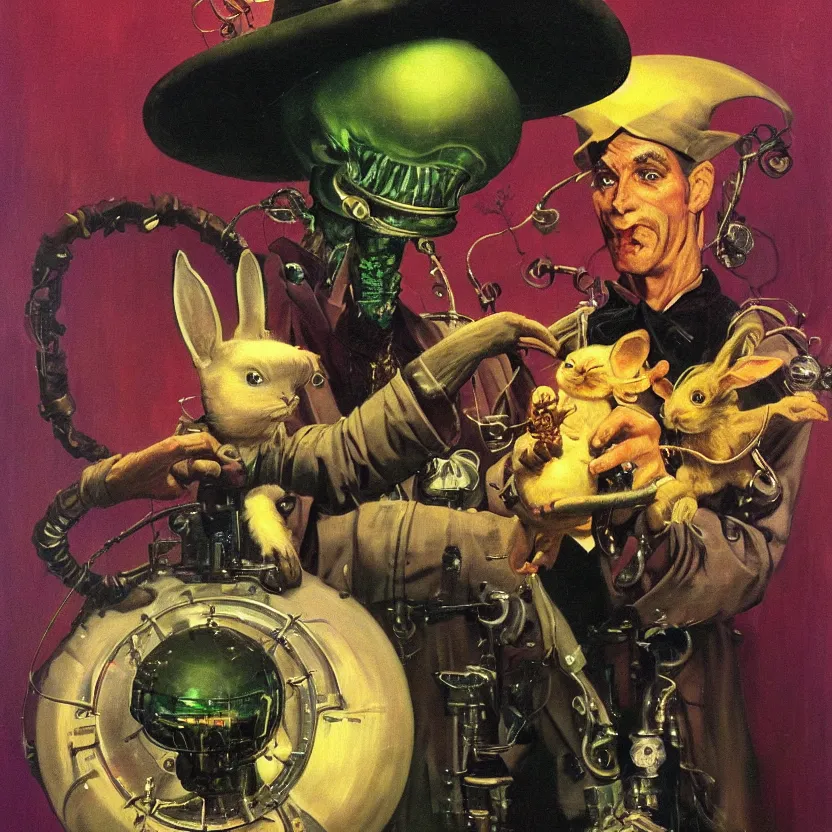 Prompt: a close - up portrait painting of a whimsical glowing alien wizard magician holding a steampunk rabbit. green curtains, gloomy dark black background. highly detailed science - fiction painting by norman rockwell, moebius, frank frazetta, and syd mead. rich colors, high contrast. artstation