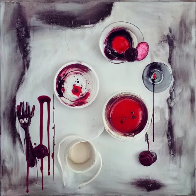 Prompt: “ sensual, neo - expressionism, surrealism, a portrait in a female art student ’ s apartment, pancakes, berries, art supplies, a candle dripping white wax, berry juice drips, acrylic and spray paint and oilstick on canvas ”