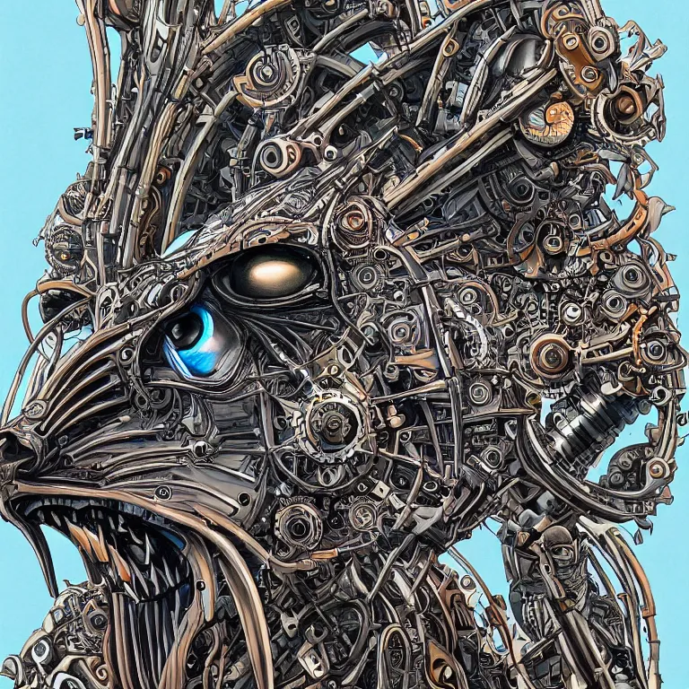 Image similar to detailed portrait artwork of a biomechanical lynx by subjekt zero. colored centered uncut. slightly lowbrow. influenced by andrei riabovitchev and igor goryunov.