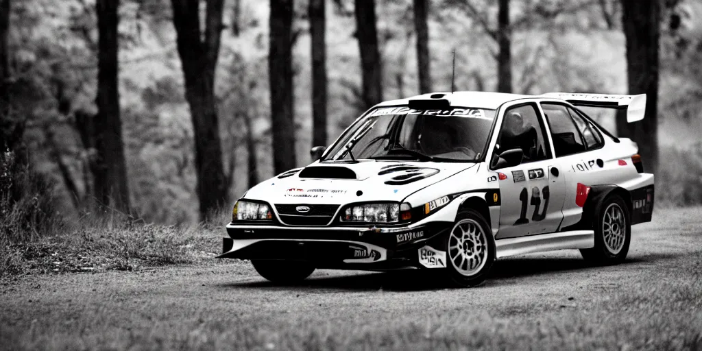 Image similar to photograph, rally car, 1999 subaru WRX, cinematic, 8k, depth of field, bokeh.