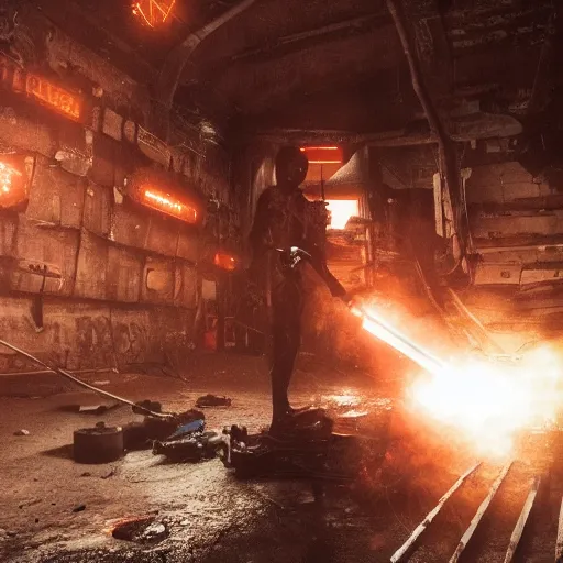 Image similar to augmented human repairing weapon made from old egg beater, dark messy smoke - filled cluttered workshop, dark, dramatic lighting, orange tint, cinematic, highly detailed, sci - fi, futuristic, movie still from blade runner