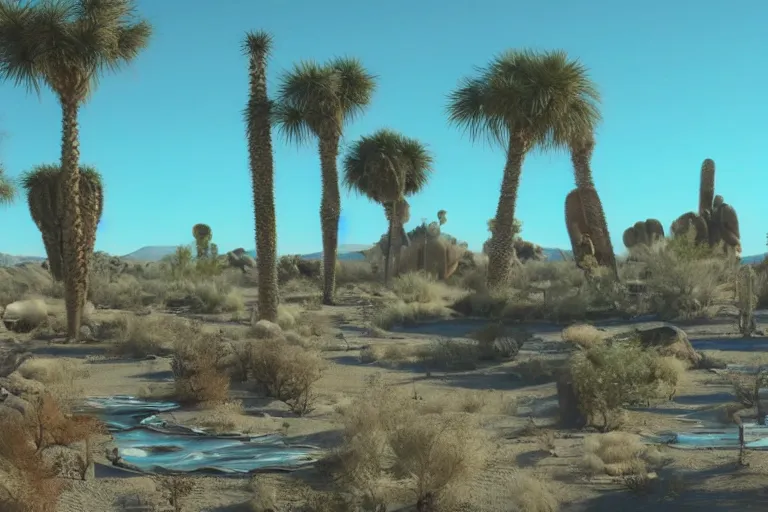 Image similar to desert oasis in a translucent casing electronic environment, ps 4 screenshot, still from a kiyoshi kurosawa movie, sanriocore, full sun lighting, caustic lighting